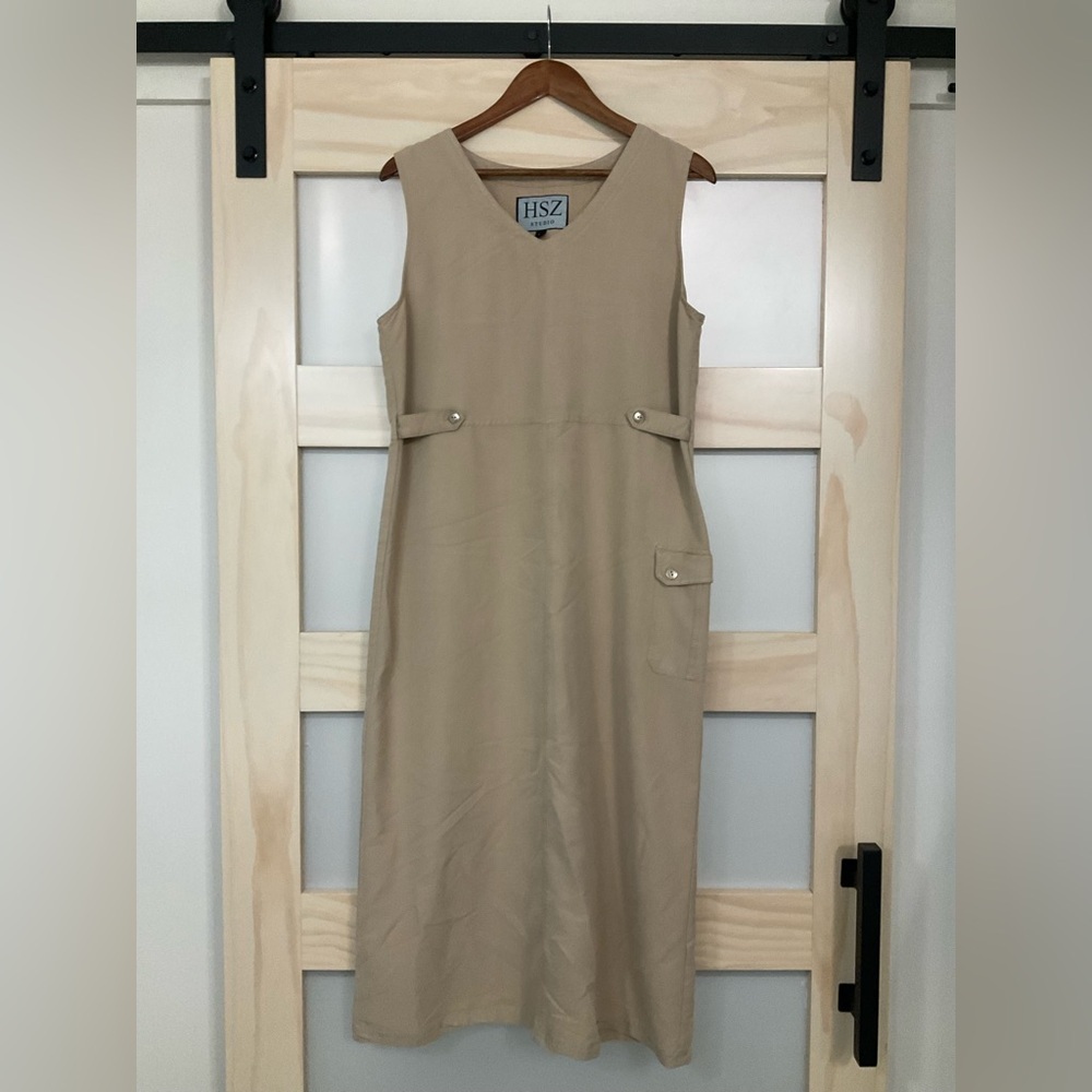 HSZ Studio Khaki Utility Midi Dress Y2K Minimalist Sleeveless M